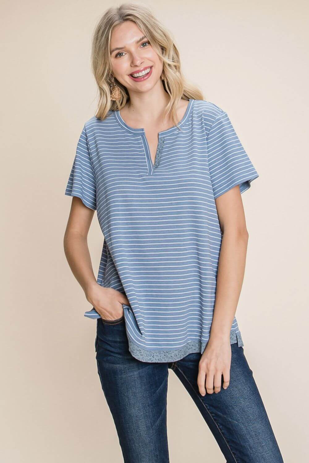 Blue and White Slit Striped Notched Short Sleeve T-Shirt Top, Tops, $ 25.00, A Moment Of Now™