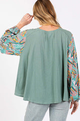 Sage Green Ruched Round Neck Bubble Sleeve Top, Tops, $ 45.00, A Moment Of Now™