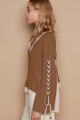 Brown Lace-Up Sleeve Color Block Ribbed Knit Top, Tops, $ 81.00, A Moment Of Now™