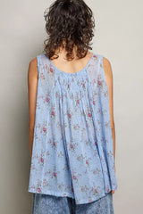 Blue Round Neck Sleeveless Floral Pleated Cotton Top | Boutique In USA, Tops, $ 64.00, A Moment Of Now™