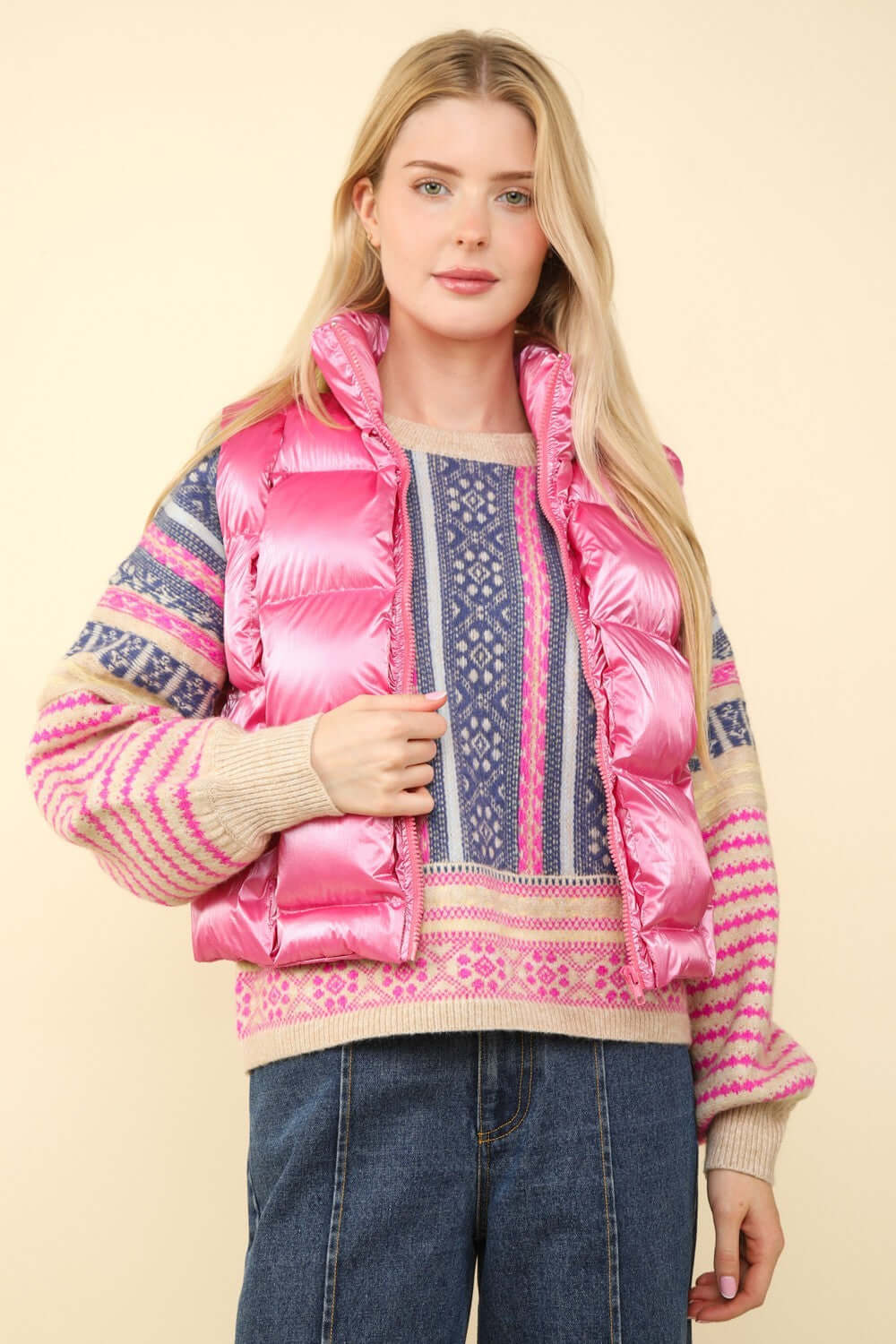 Pink Shiny Metallic Zip Up Puffer Vest - Trendy Winter Style, Puffer Vests, $ 49.00, A Moment Of Now™