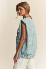 Celeste Blue Frayed Tweed Padded Shoulder Vest, Vests, $ 72.00, A Moment Of Now™
