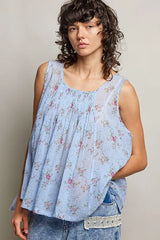 Blue Round Neck Sleeveless Floral Pleated Cotton Top | Boutique In USA, Tops, $ 64.00, A Moment Of Now™