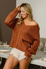 Cinnamon Brown V-Neck Cable Knit Sweater, Sweaters, $ 50.00, A Moment Of Now™