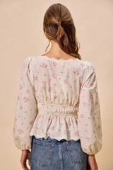 White Floral Clip Dot Lace Trim Ruched Bodice Blouse | Boutique In USA, Blouses, $ 50.00, A Moment Of Now™