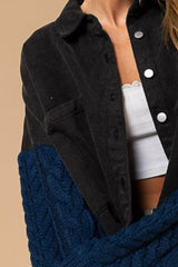 Black Blue Contrast Sweater Sleeve Shacket, Shackets, $ 59.00, A Moment Of Now™