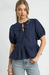 Elegant Dark Navy Tie Front Puff Sleeve Blouse, Blouses, $ 49.00, A Moment Of Now™