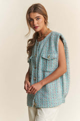 Celeste Blue Frayed Tweed Padded Shoulder Vest, Vests, $ 72.00, A Moment Of Now™
