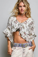 Ivory Ruffle Tie Front Cropped Floral Woven Flutter Sleeve Top | Boutique In USA, Tops, $ 69.00, A Moment Of Now™