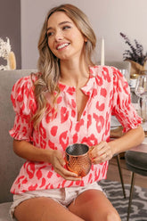 Coral Leopard Smocked Blouse Top - Trendy Fashion, Blouses, $ 46.00, A Moment Of Now™