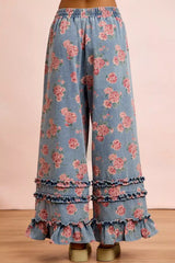 Blue Washed Floral Denim With Ruffle Elastic Wide Pants | Boutique In USA, Pants, $ 67.00, A Moment Of Now™