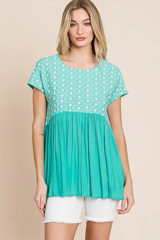 Mint Embroidered Short Sleeve Pleated Babydoll Top Plus Size, Tops, $ 25.00, A Moment Of Now™