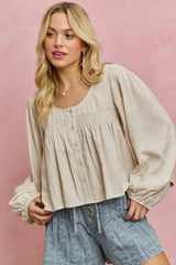 Cream Linen Blend Woven Long Sleeve With Smocking Top | Boutique In USA, Tops, $ 50.00, A Moment Of Now™