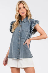 Blue Washed Denim Ruffle Short Sleeve Shirt, Shirts, $ 55.00, A Moment Of Now™