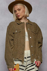Olive Green Raw Hem Button Up Jacket with Pockets, Jackets, $ 85.00, A Moment Of Now™