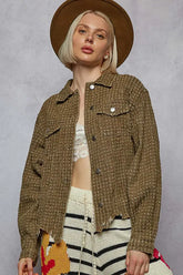 Olive Green Raw Hem Button Up Jacket with Pockets, Jackets, $ 85.00, A Moment Of Now™