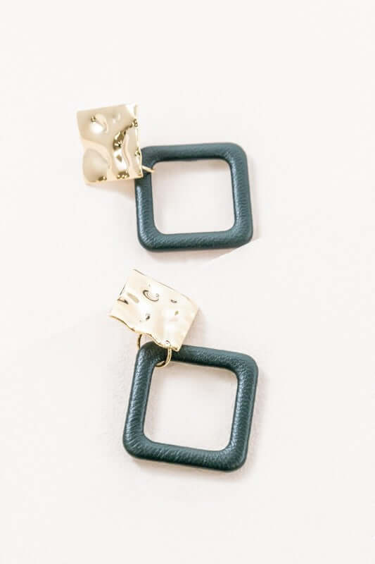 Stylish Leatherette and Metal Drop Earrings - Dark Green, Earrings, $ 18.00, A Moment Of Now™
