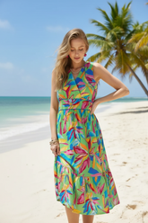 Green Ruffled Hem Printed Sleeveless Midi Dress