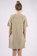 Sage Washed Round Neck Mini Tee Dress - Casual Style, Dresses, $ 40.00, A Moment Of Now™