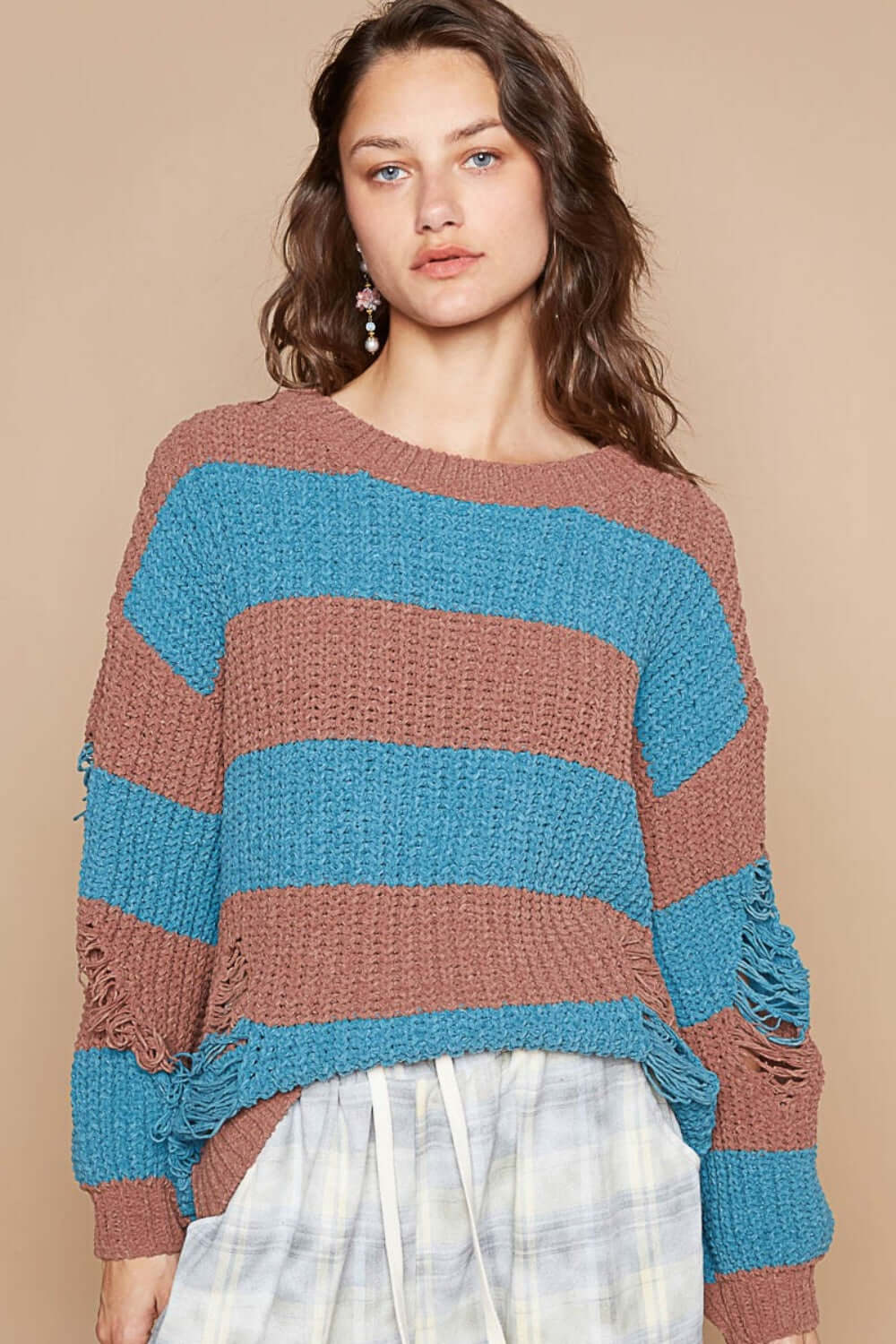 Brown Teal Striped Distressed Long Sleeve Sweater, Sweaters, $ 65.00, A Moment Of Now™