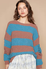 Brown Teal Striped Distressed Long Sleeve Sweater, Sweaters, $ 65.00, A Moment Of Now™