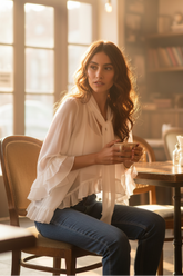 White Sheer Ruffle Bell Sleeves Bow Tie Flowy Blouse Top