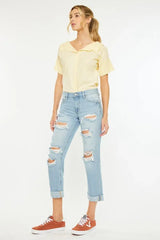 Stylish Light Blue Mid Rise Distressed Boyfriend Jeans, Jeans, $ 65.00, A Moment Of Now™