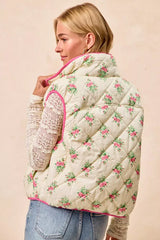 Pink Cream Floral Print Piping Detail Quilted Vest | Boutique In USA, Vests, $ 69.00, A Moment Of Now™