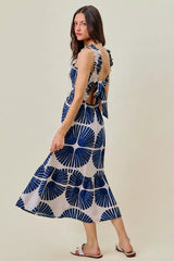 Navy Abstract Print Smocked Bodice Tiered Lined Midi Dress | Boutique In USA, Dresses, $ 62.00, A Moment Of Now™