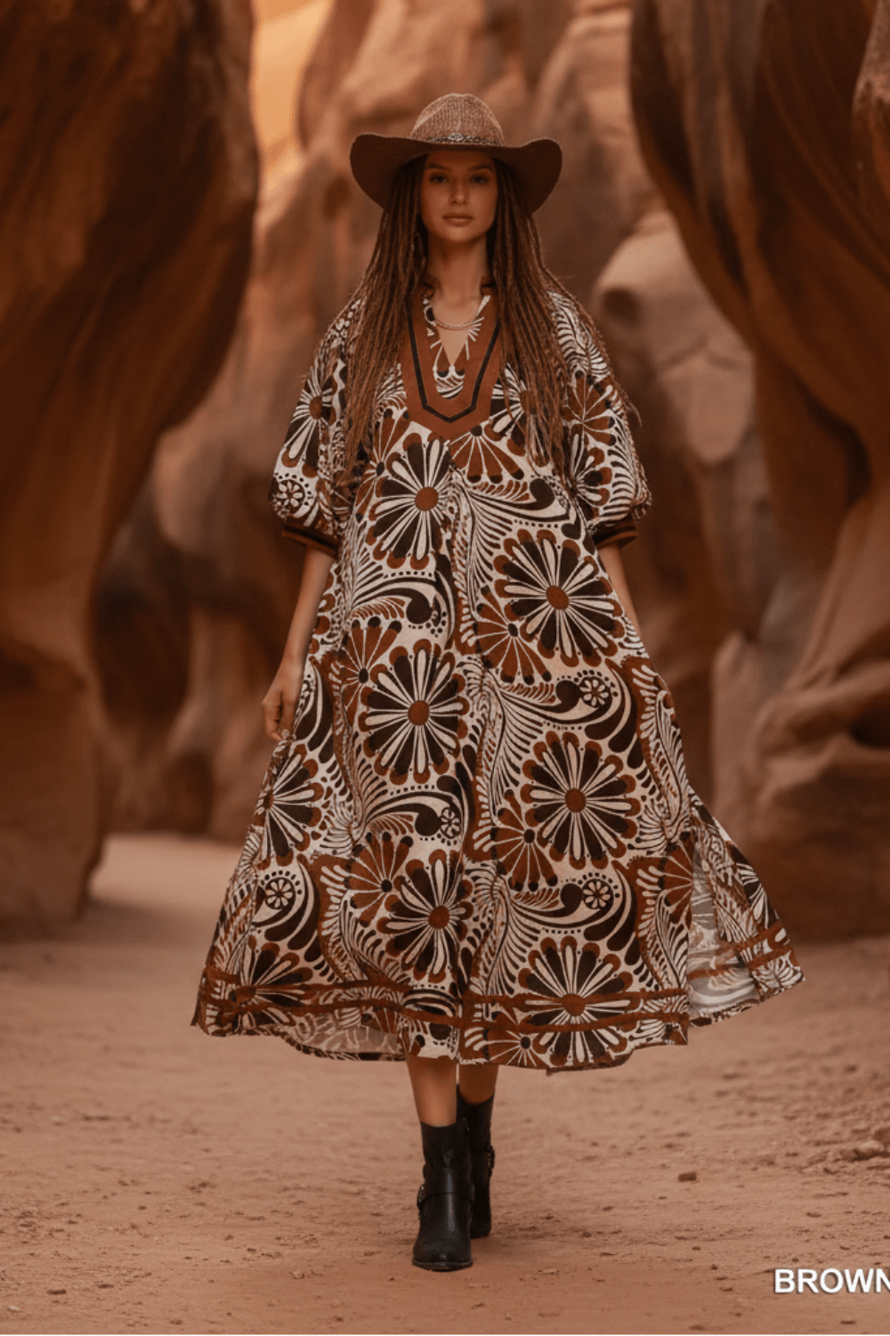Brown Abstract Print Midi Dress | Boutique In USA, Dresses, $ 69.00, A Moment Of Now™