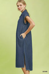Dark Blue Pinstripe Denim Collared Midi Dress with Side Slits | Boutique In USA, Dresses, $ 69.00, A Moment Of Now™