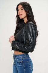 Black Zip Up Cropped Bomber Faux Leather Jacket, Jackets, $ 69.00, A Moment Of Now™