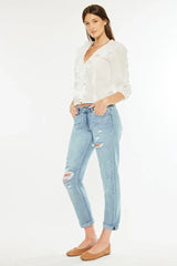 Light Blue Mid Rise Distressed Boyfriend Fit Jeans, Jeans, $ 69.00, A Moment Of Now™
