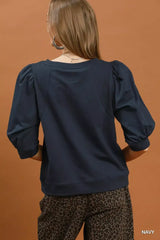 Navy Blue Puff Sleeve Round Neck Sweatshirt | Boutique In USA, Sweatshirts, $ 49.00, A Moment Of Now™