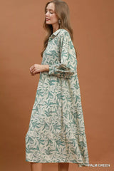 Green Linen Botanical Print Tiered Midi Dress | Boutique In USA, Dresses, $ 65.00, A Moment Of Now™
