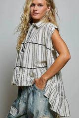 Grey Striped Ruffle Collared Sleeveless Cotton Top | Boutique In USA, Blouses, $ 55.00, A Moment Of Now™