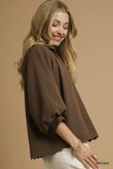 Brown Oversized Balloon Sleeve Blouse - Chic Style, Blouses, $ 60.00, A Moment Of Now™