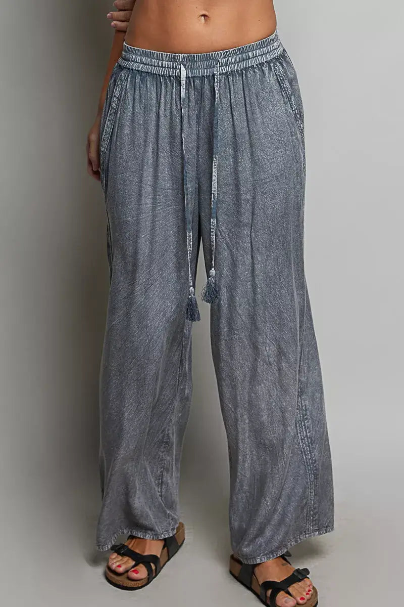 Grey Tassel Drawstring Embroidered Wide Leg Woven Pants | Boutique In USA, Pants, $ 57.00, A Moment Of Now™