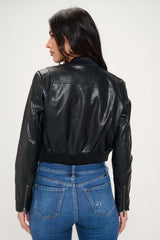 Black Zip Up Cropped Bomber Faux Leather Jacket, Jackets, $ 69.00, A Moment Of Now™