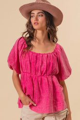 Fuchsia Pleated Puff Sleeve Washed Blouse, Blouses, $ 59.00, A Moment Of Now™