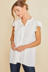 White Ruffle Sleeve Shirred Flowy Tunic Shirt, Shirts, $ 45.00, A Moment Of Now™