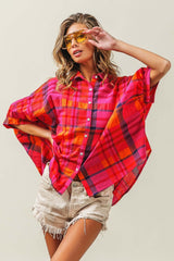 Fuchsia Button Up Dolman Sleeve Plaid Shirt Top, Shirts, $ 59.00, A Moment Of Now™