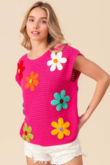 Fuchsia Flower Cap Sleeve Knit Top - Elegant Style, Sweaters, $ 69.00, A Moment Of Now™