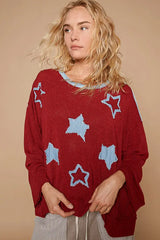 Dark Red Relaxed Fit Sweater with Star Patch, Sweaters, $ 45.00, A Moment Of Now™