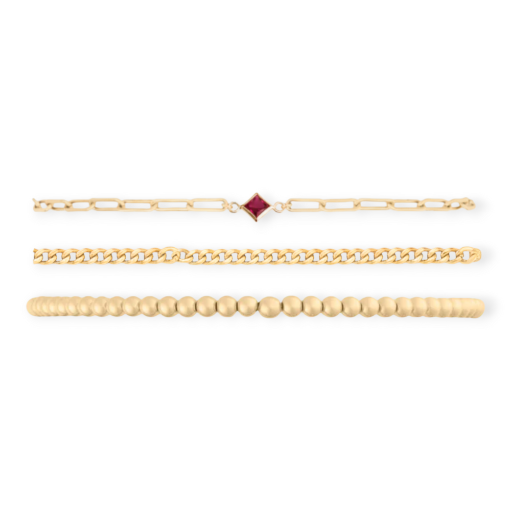 birthstone + gabi curb + juno bead (3mm) bracelet stack, Bracelets, $ 175.00, A Moment Of Now™