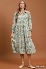 Green Linen Botanical Print Tiered Midi Dress | Boutique In USA, Dresses, $ 65.00, A Moment Of Now™