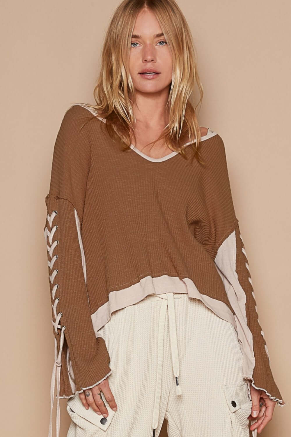 Brown Lace-Up Sleeve Color Block Ribbed Knit Top, Tops, $ 81.00, A Moment Of Now™