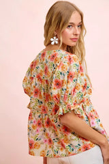 Flower Printed Shirring Detail Blouse Top | Boutique In USA, Tops, $ 50.00, A Moment Of Now™