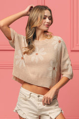 Boho Beige Floral Pattern Slit Sweater Top, Sweaters, $ 42.00, A Moment Of Now™