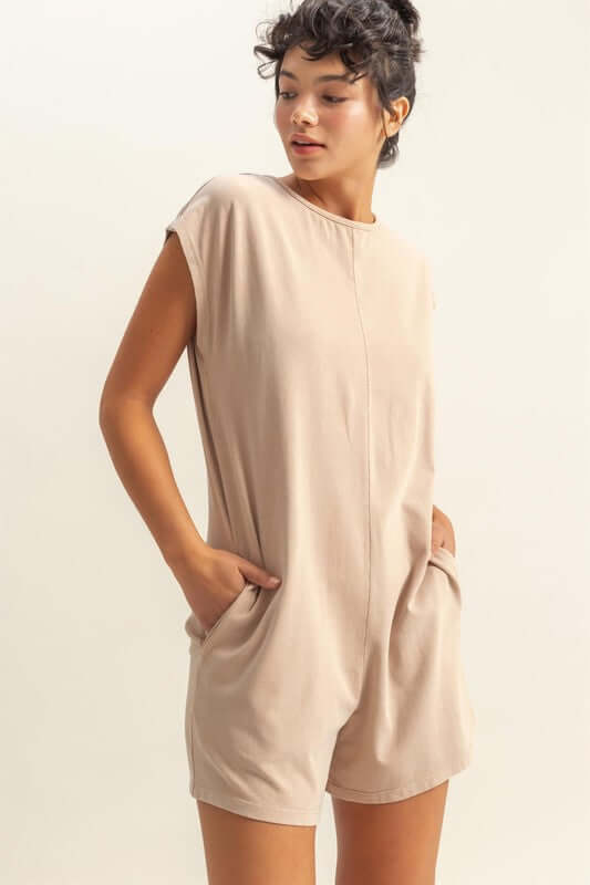 Tan Round Neck Cap Sleeve Romper - Breezy Comfort, Rompers, $ 44.00, A Moment Of Now™